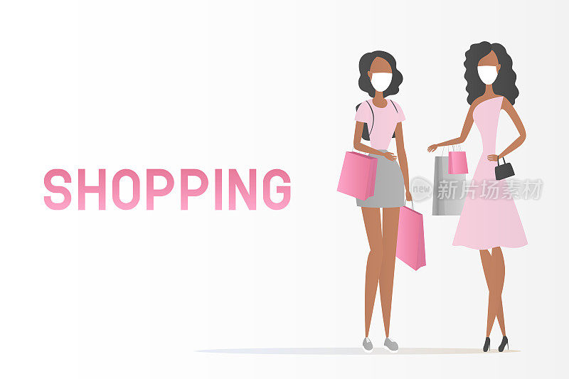 Shopping. African women in face masks hold bags. Vector illustration